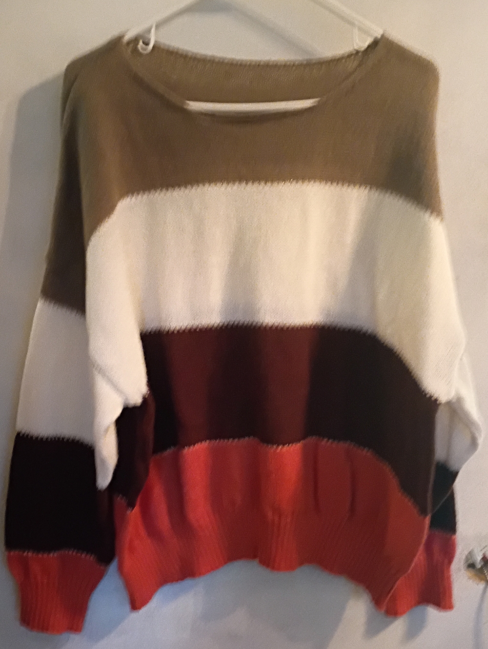Women's Colorblock Crewneck Sweater in Olive, White, Brown and Rust
